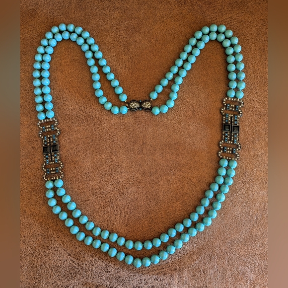 Heidi Daus Turquoise Colored Double Strand Necklace with Swarovski Accents - Picture 4 of 5